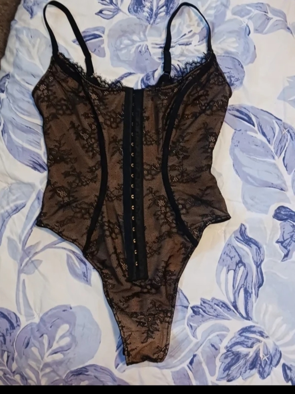 Black Lace Mesh Bodysuit with Front Hook Closure